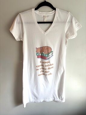 White V-Neck Sleep Dress with Cat